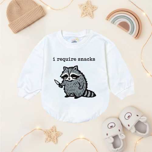 I Require Snacks Raccoon Baby Romper White Infant Sweatshirt Long Sleeve Oversized Pullover Newborn Baby Shower Gift Funny Toddler Outfit