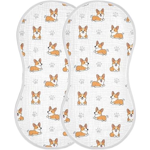 2 Pack Muslin Burp Cloths Cute Corgi Dogs White Cotton Baby Burp Cloths Extra Absorbent and Soft Thick Burping Cloth for Newborn Boys Girls 22x11 Inch