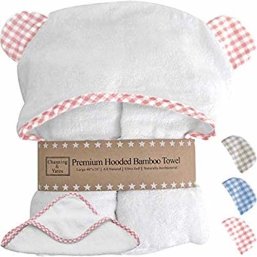 Premium Baby Girl Towel with Hood and Washcloth - Choose Pink, Blue, or Beige with White - Organic Bamboo Baby Towels with Hood - Baby Girl Bath Towels Gift - Pink Gingham