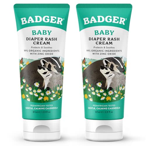 Badger Baby Diaper Rash Cream, Zinc Oxide, 2.9 fl oz (2-Pack) | Natural Skin Barrier Cream, Organic Sunflower Oil & Beeswax, for Babies, Zinc Oxide Diaper Cream, Natural baby skin barrier