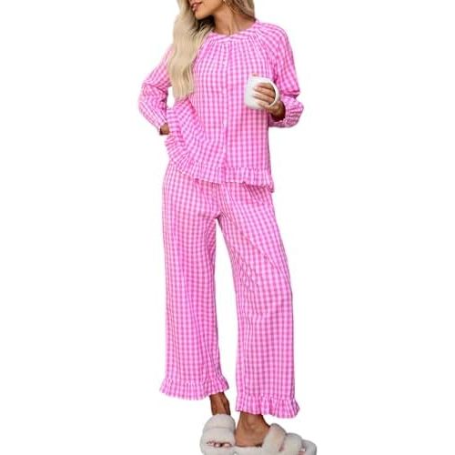 WOWULOVELY Womens Long Sleeve Gingham Pajama Set 2 Piece Plaid Cotton Cute Ruffle Pjs Set Maternity Bridal Pajamas