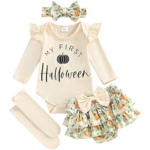 Kuriozud My First Thanksgiving Outfit Baby Girl Turkey Romper Bodysuit+Ruffle Tutu Shorts Bloomer 1st Thanksgiving Clothes
