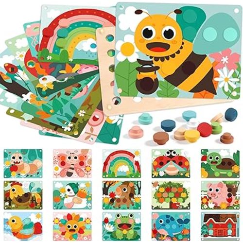 Wooden Toys Color Matching Pegboard for Toddlers 2 3, Button Art Toy Mosaic Puzzle with 30 Buttons & 16Cards, Button Game Toddlers Montessori Fine Motor Toy Educational Gift for Boys Girls Age 2 3 4 5