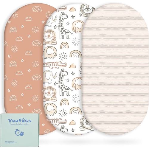 Yoofoss Bassinet Sheets for Baby,3-Pack Fitted Bassinet Sheets Set Compatible with Halo Bassinest Swivel Sleeper,Baby Delight,Angelbliss,Soft Breathable Bassinet Mattress Sheets (Brown+Animals)