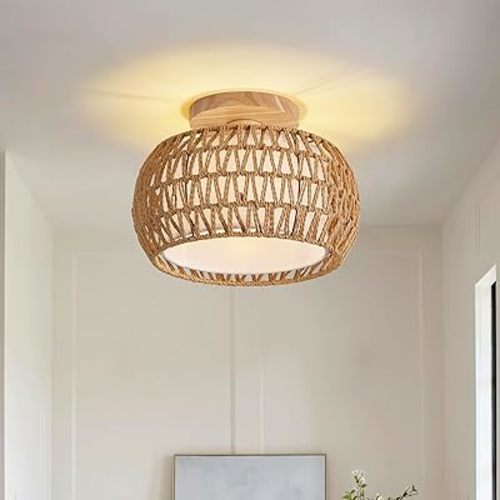 Rattan Ceiling Light Fixture,3 Style Options Boho Flush Mount Ceiling Lights, Hand-Woven Rattan Chandelier,Mini Bohemian Wicker Light Fixtures, Farmhouse Light Fixture for Bedroom Hallway Entryway
