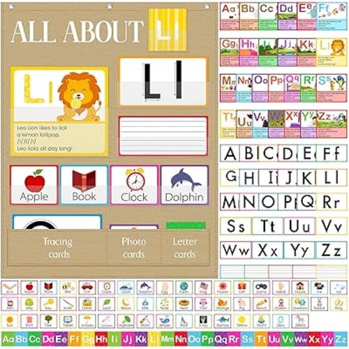 Motiskyy 34" x 27" All About Letters Chart Alphabet Learning Pocket Chart Letter of The Day/Week Activity Wall Alphabet Card for Homeschool Preschool Kindergarten Kid(Blue,Linen,Cute)