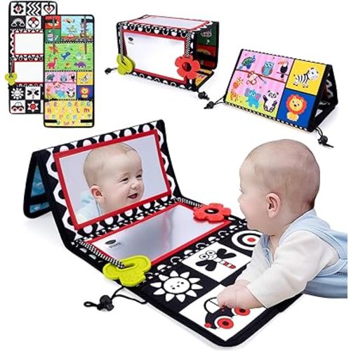 Baby Toys 0-6 Month, Tummy Time Floor Mirror with Teethers, Double-Sided Black & White High Contrast Mirrors, Developmental Sensory Toy for Infants Newborn Boys Girls 0 3 6 9 12 Months Gift