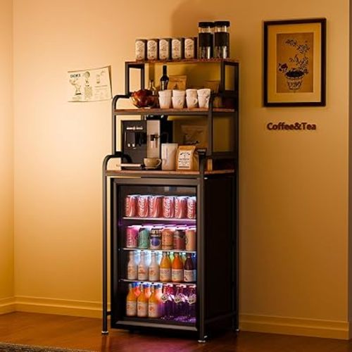 HAAYOT 4-Tier Mini Fridge Stand with Storage, 25.9" Industrial Storage Rack for Kitchen Dorm, Rustic Brown