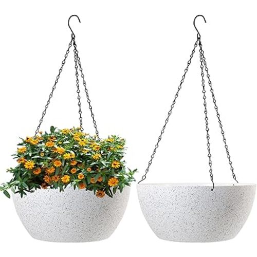 13 inch Large Hanging Planters Plant Pots for Outdoor Indoor Plants with Drainage Holes and Chain, 2 Pack Round Hanging Flower Pots for Garden Home Porch Decor, Speckled White