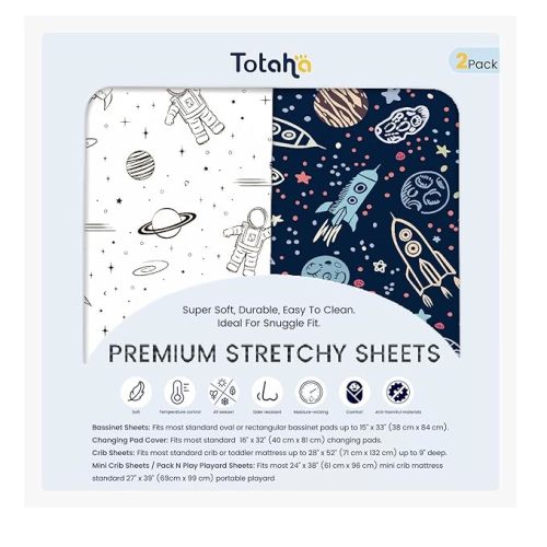 TotAha Premium Soft Space Bassinet Sheet for Boy Girl, Super Stretchy Jersey Knit Bassinet Fitted Sheet, Compatible with Halo, Maxi COSI, Mika Micky, SNOO, Baby Delight Mattress, 2 Pack