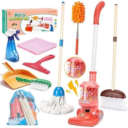 Meland Kids Cleaning Set - 8Pcs Toddler Broom and Toy Vacuum Cleaner, Pretend Play Children House Cleaning Toys, Christmas Birthday Gift for Girls and Boys