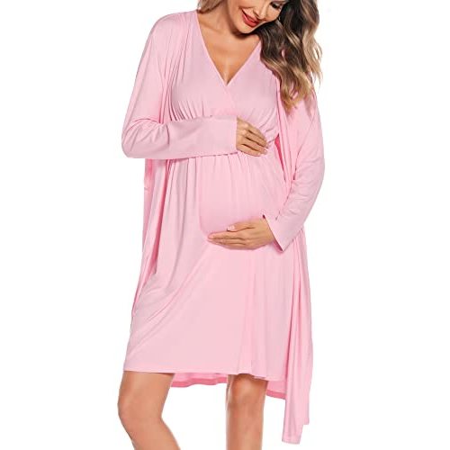 SWOMOG Women Maternity Nursing Gown and Robe Set 3 in 1 Labor Delivery Nursing Nightgown for Breastfeeding Hospital Bathrobe