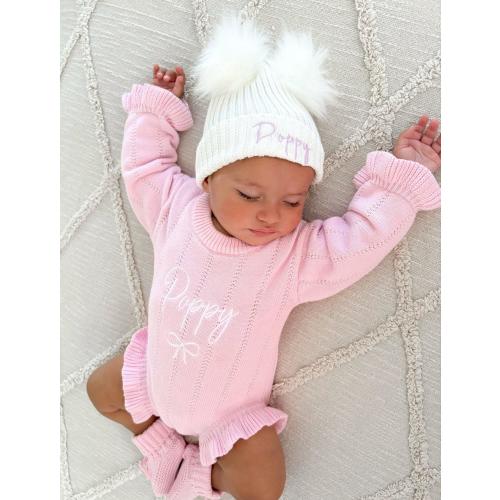 Personalised Pom Pom Hat White Pearl, baby hat, baby girl, baby gift, baby shower, winter, cosy