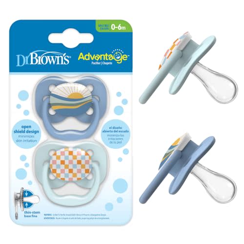 Dr. Brown's Advantage Baby Pacifier, Fully Symmetrical Soother with Soft Silicone Bulb, Blue Sunrise, 0-6m, BPA Free, 2 Pack