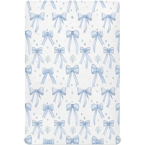 Light Blue Bows Crib Sheets for Boys Girls Pack N Play Sheet Soft Breathable Mini Crib Sheets 39" x 27"