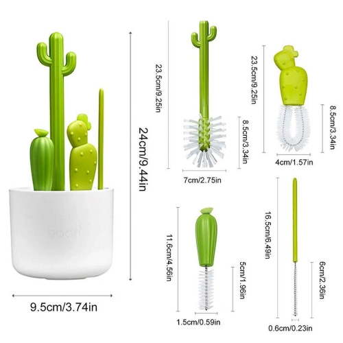 4 Piece Baby Bottle Brush Cleaning Set, Cactus Baby Bottle Brush Set, Long Handle Water Bottle Cleaner, Home Use Cups and Straws (Green 4 Pcs)
