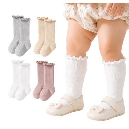 Baby-Girls Ruffle-Knee-High Socks,Soft-Knit-Long-Boot-Stockings 4 Pairs | Stretchy ribbed cuffs stay comfortab,breathable knit socks for dresses, uniforms, and everyday outfits