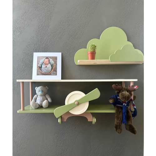 Green wall mounted floating shelves set, wooden airplane cloud shelf, custom aviation nursery decor, birthday baby gift, kids wall bookshelf