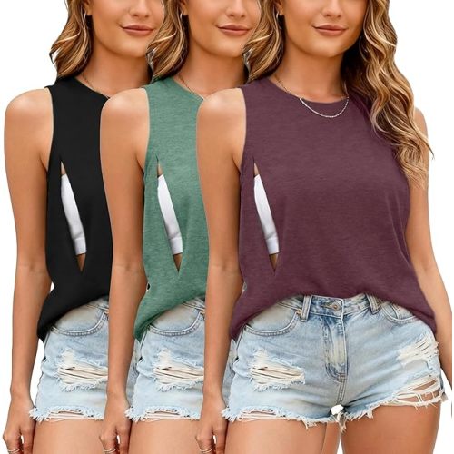 Ecavus Women's 3-Pack Nursing Tank Tops Hidden Zippers Sleeveless Breastfeeding Shirts Loose Fit Maternity Tops