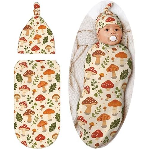 Cute Mushroom Swaddle Blanket Hat Set for Boys Girls, Soft Floral Newborn Swaddle Wrap Receiving Blanket Shower Gift