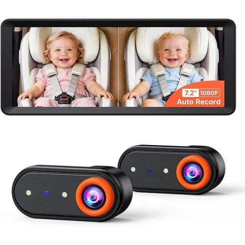 Luckview BM5 MAX 1080P Dual Baby Car Camera with Recording, 7.2" Split Monitor for 2 Kids, Dual Car Camera Baby Monitor with Auto Night Vision, Easy Installation Carseat Camera for Baby