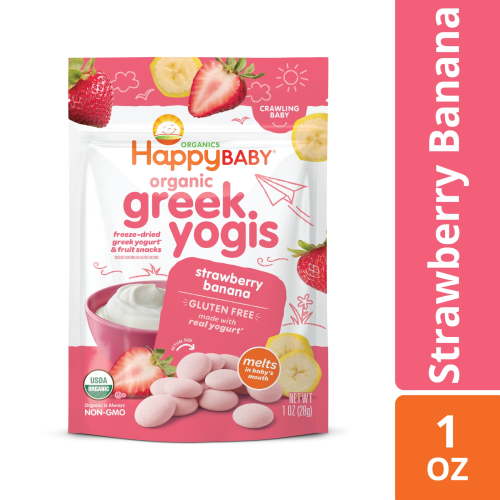 Happy Baby Organics Greek Yogis, Strawberry Banana & Greek Yogurt Organic Freeze-Dried Baby Snack, 1 oz Bag (Pack of 8)