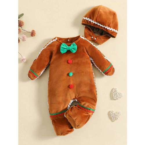 Infant Baby Girl Boy Fuzzy Jumpsuit Cute Gingerbread Man Bow Tie Hooded Romper Fall Winter My First Christmas Outfit | SHEIN USA