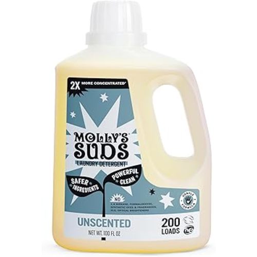 Molly's Suds Liquid Laundry Detergent | Clean Laundry Detergent Soap for Sensitive Skin | 2x Concentrated, High Efficiency (HE) (Unscented - 200 Loads)