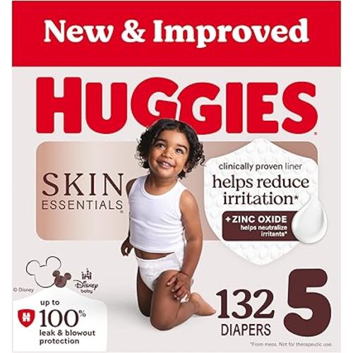 Huggies Size 5 Diapers, Skin Essentials Baby Diapers, Size 5 (27+ lbs), 132 Count (2 Packs of 66), Packaging May Vary