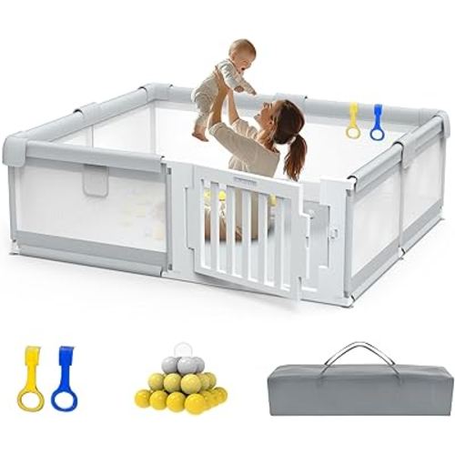 71" ×59" Large Baby Playpen with Gate, Easy Access Play Pen for Infants and Toddlers, Play Yard for 0-3 Years Old, Baby Fence Playard for Living Room, Anti-Fall, Breathable Mesh