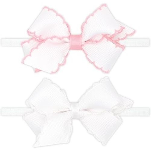 Wee Ones Girls' GIFT PACK Two Mini Moonstitch Grosgrain Bows on Skinny Nylon Band, Mini