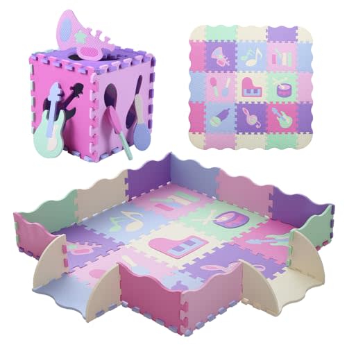 Foam Play Mat for Kids，25Pcs Square Interlocking Puzzle Floor Mat，Baby Play Mat Floor Mat Foam Puzzle Playmat for Toddlers with Fence（Musical Instrument-CSH016