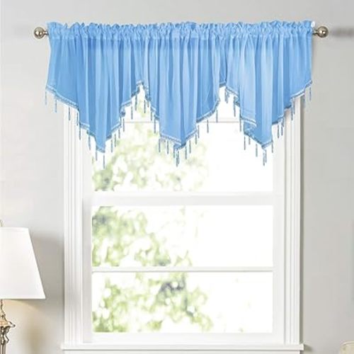 Molaxhome Lace Valance Swag Curtain 51 Inch, Scalloped Sheer Curtain Panels with Crystal Beads - Rod Pocket Farmhouse Window Treatment for Kitchen Bedroom, 1pc Boho Chic Drape Decor Blue