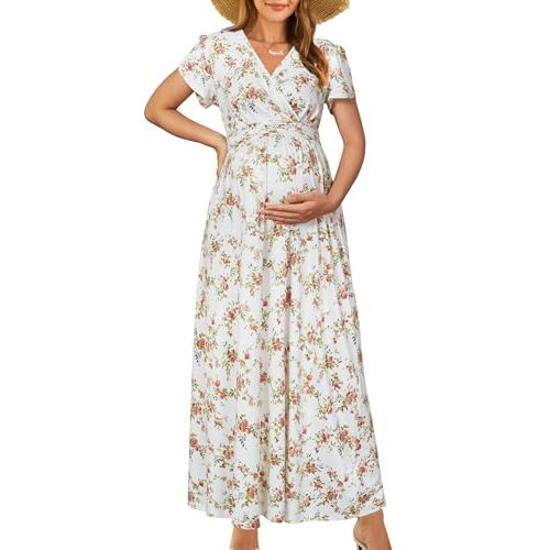 OUGES Maternity Maxi Dress V Neck Baby Wrap Summer Shower Pregnancy Dresses for Photoshoot 2025