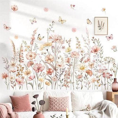 decalmile Watercolor Boho Flowers Wall Decals Wildflower Floral Grass Plants Butterfly Wall Stickers Bedroom Living Room Sofa TV Background Home Decor