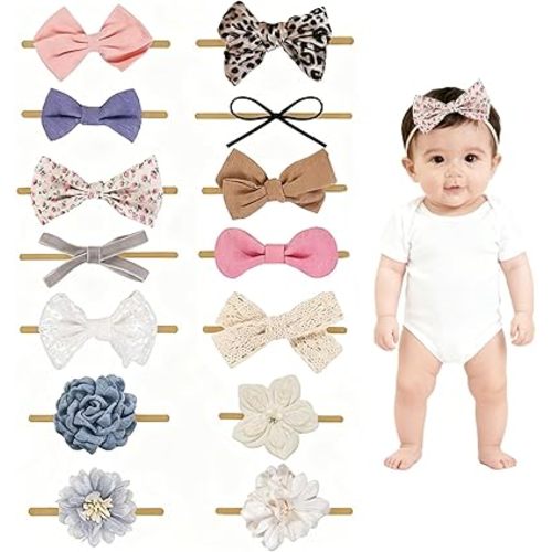 14 Pcs Baby Girl Headband Bows Soft Nylon Hairbands With Hair Bows Elastics Linen Handmade Toddler Hair Accessories For Girls Newborns Infants And Kids. (Flower Bows, Mid)