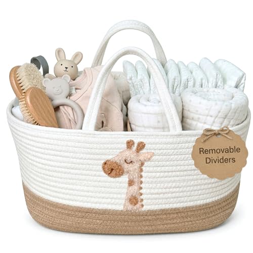 Giraffe Diaper Caddy Organizer for Baby Cotton Rope Nursery Storage Basket 17"x10.5"x7" with Removable Dividers Portable Changing Table Organizer, Car Caddy, Baby Shower Basket
