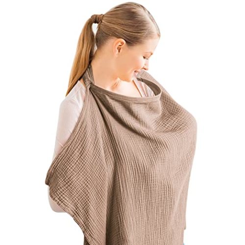 Konssy Muslin Nursing Cover for Baby Breastfeeding, Breathable 100% Cotton Breastfeeding Cover with Rigid Hoop for Mother Nursing Apron, Multi-use Carseat Canopy (Brown)