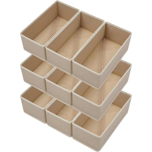 Bructhun Sock Drawer Organizer 9 Pack - Collapsible Fabric Storage Bins for Underwear Divider, Small Closet Organizers with 9 Compartments, Khaki