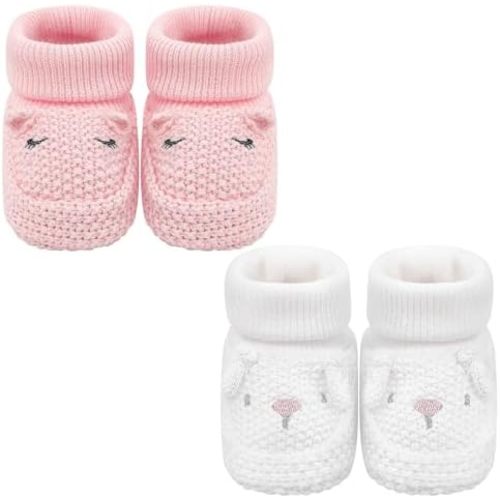 Newborn Shoes Knit Soft Baby Sock Booties for Infant Boys Girls First Walking 2 Pairs, 0-3 Months