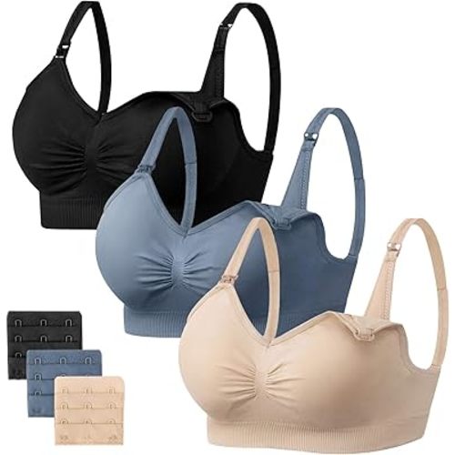 Angelhood Womens Seamless Sleep Nursing Bra,Breastfeeding Maternity Bra with Remove Bra Pads Extenders Pack of 3