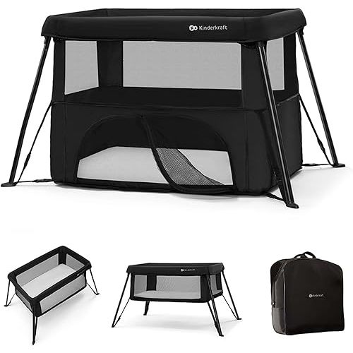 Kinderkraft CAMI 3-in-1 Baby Bed, Travel Bed for Baby, from Birth to 3 Years, Baby cot, Travel cot, Easy to Fold Compactly, Travel Bag Included, Two Levels, Black