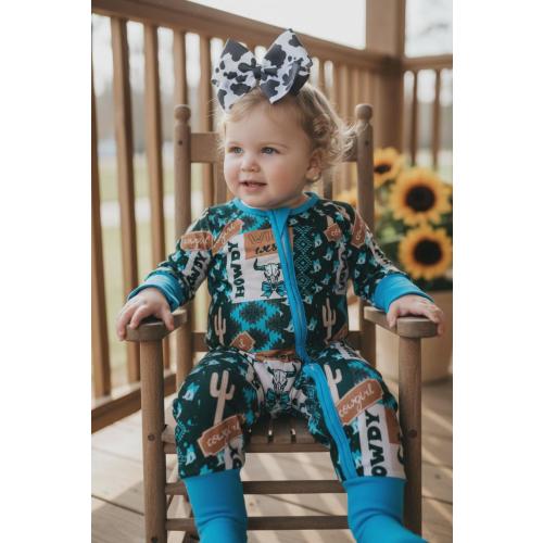 Wild western multi- printed baby onesie with fold over footie and hands.
