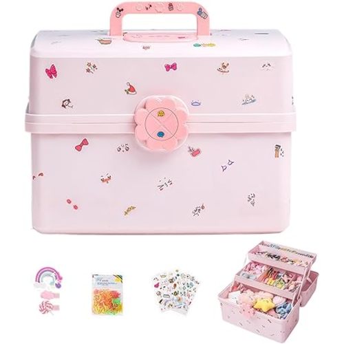 Pulseplay Hair Accessories Organizer for Girls Portable 3-Layer Plastic Craft Storage Organizer with Handle Multipurpose Plastic Storage Box for Sewing,Art Supplies,Medicine,Makeup