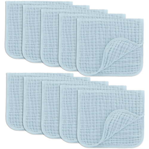 Comfy Cubs Muslin Burp Cloths - Large 100% Cotton Washcloths, 6 Layers (Sky Blue, 10-Pack, 20"X10")
