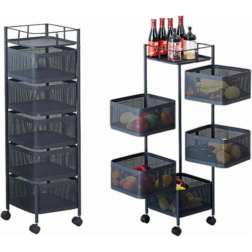 5 Tier Rolling Storage Cart, Metal Mesh Rolling Cart Organizer with Top Lid, Rotating Kitchen Storage Cart, Organizador de Frutas Y Verduras for Fruit Vegetable Grocery Storage No Assembly