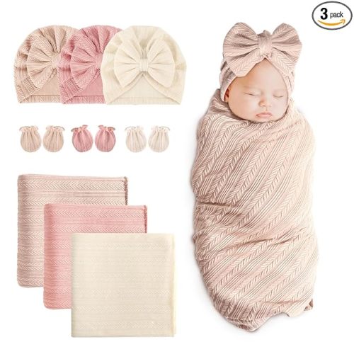 BQUBO Newborn Receiving Blanket Hat Mittens Set for Baby, Unisex Baby Boys Girls Essentials, Newborn Registry Must Haves, Stroller Crib Shower Gifts
