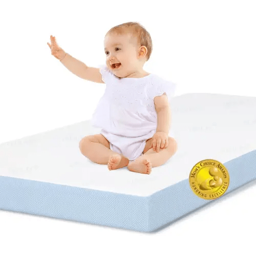 BABELIO Toddler Mattress for Crib Memory Foam 2 Stage Standard Size, with Removable Waterproof Cover Blue and White