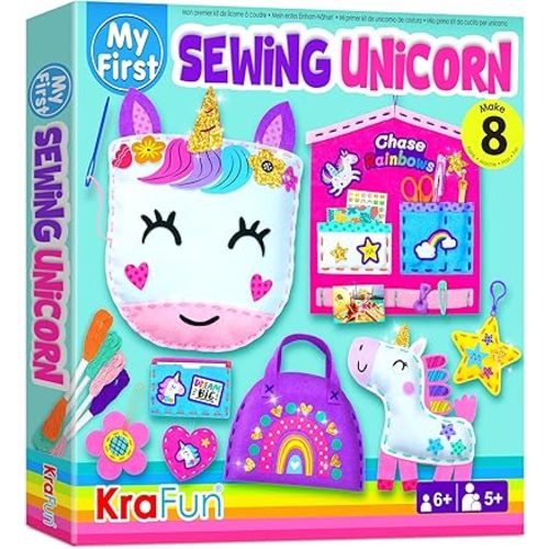 KRAFUN My First Unicorn Kids Sewing kit, Beginner Arts & Crafts, Make 8 Cute Projects with Plush Stuffed Animal, Pillow, Mobile, Keyring and Bag, Instructions & Felt for Learn Sewing, Embroidery
