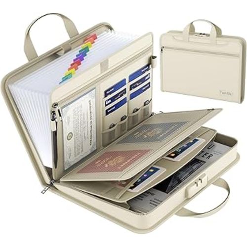 5200℉ Fireproof Accordion File Organizer with Lock, Thickened Document Organizer 13 Pocket with Zipper & Labels, Important Document Organizer, Expanding File Folder with Handle for Letter A4 (Beige)